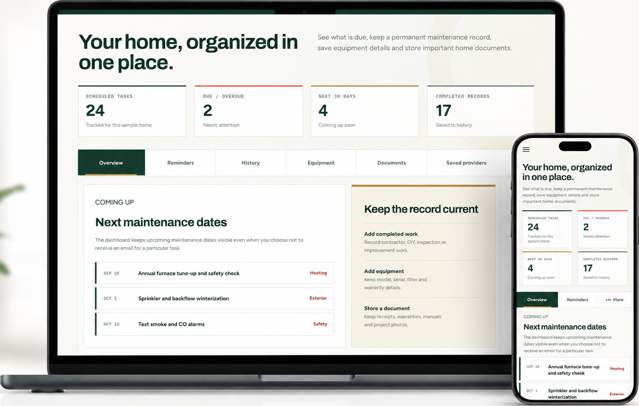 Front Range Home Helper Home Maintenance Dashboard shown on desktop and mobile